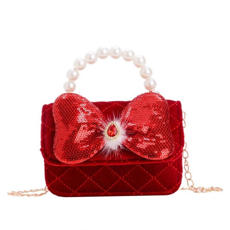 Red Cute Delightful Bowknot Childrens Handbag With Trendy Chain And Handle Pearl