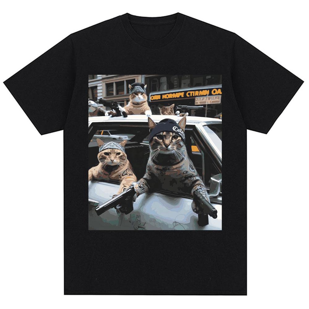 

Забавная футболка с графикой мема про кошачью банду, винтажная, оригинальная, трендовая, мужская, женская, с коротким рукавом, оверсайз, хлопковая, повседневная, уличная одежда M чёрный