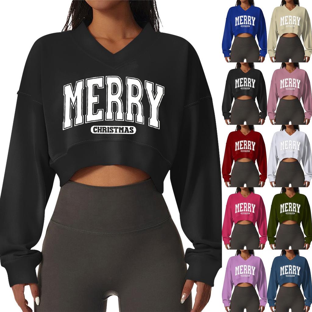 Women's Casual Fashionable Comfortable Padded V-Neck Christmas Printed Long Sleeve Sports Sweatshirt