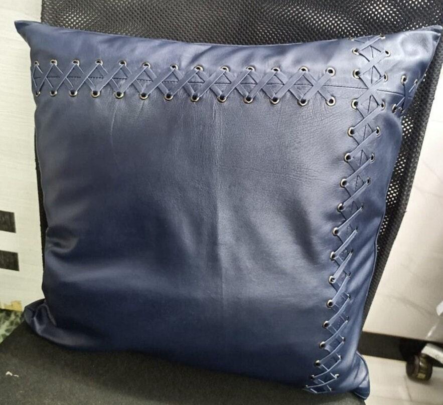 Lambskin Leather Pillow Cover -Navy Blue | Square Cushion Cover | BRAIDED Leather Throw Case Cover For Sofa Décor CRISS Crossed Laced - BLUE