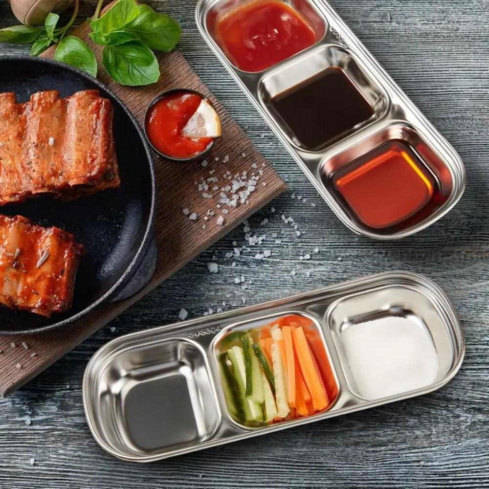 Stainless Steel Divided Dip Bowls Sauce Plate Seasoning Dipping Condiment Tray for BBQ Vinegar Spice Ketchup Salt Sugar Flavor