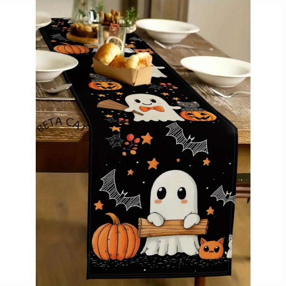 1pc Halloween Table Runner - Cute Little Pumpkin Design with Bats, Jack-O'-Lanterns & Spiders, Halloween Decorations
