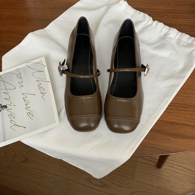 ~ Round head light mouth silver small leather shoes flat bottom inner height increase soft sole Mary Jane single shoes women