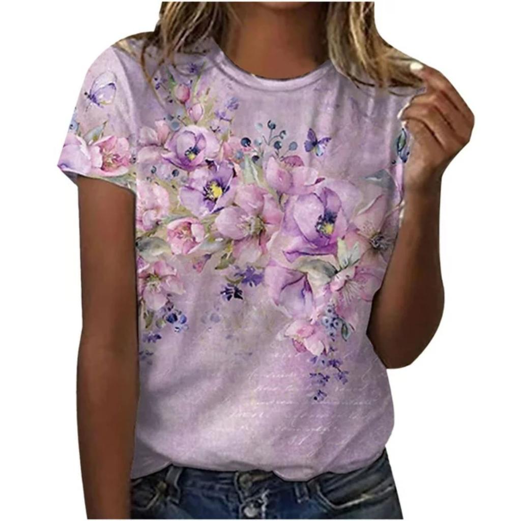 Womens Shirts,Adult Woman Round Neck Short Sleeve Tops T-Shirt Prints Loose Blouse
