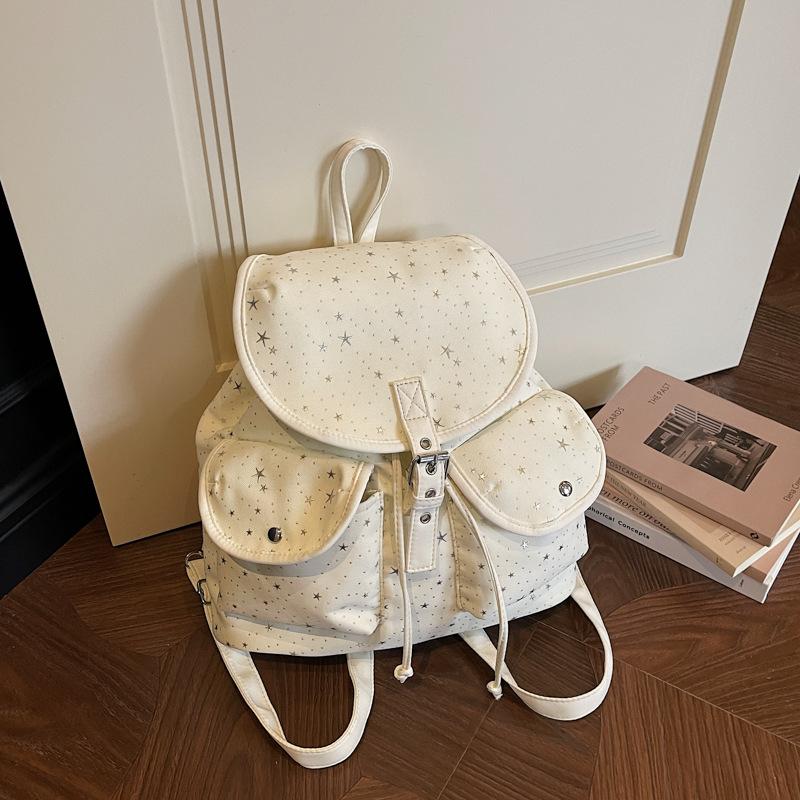 

College-style star-patterned canvas backpack for women2026New trendy fashi commuter large-capacity casual student backpack грязно-белый