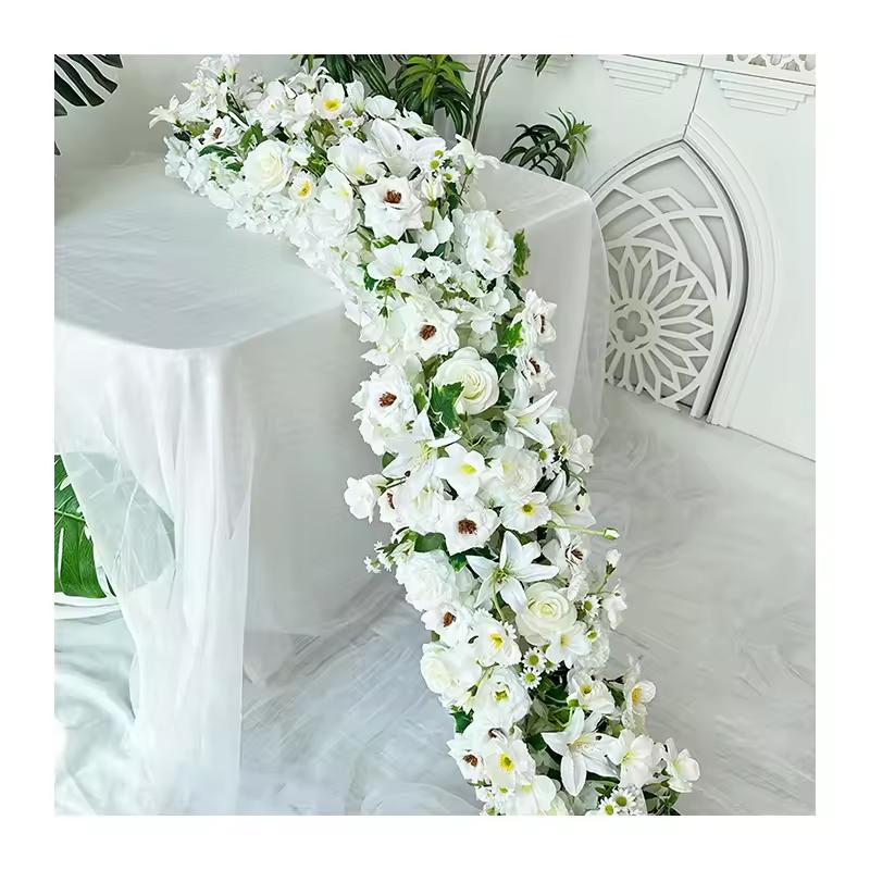 Uflower Atficial White Flower Row Runner Elegant Artificial Center Stage Background for Wedding Party Home Decoration