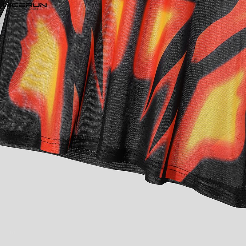INCERUN Men Long Sleeve Mesh Sheer See Through Print Party Fitted T-shirts Tops