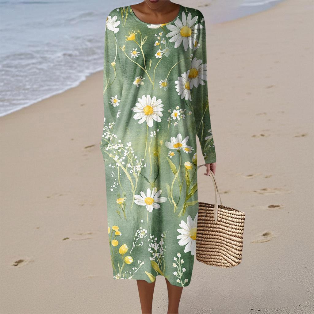 Damenmode Lässig Langarm Blumendruck Rundhals Tasche Elegant Temperament Kleid