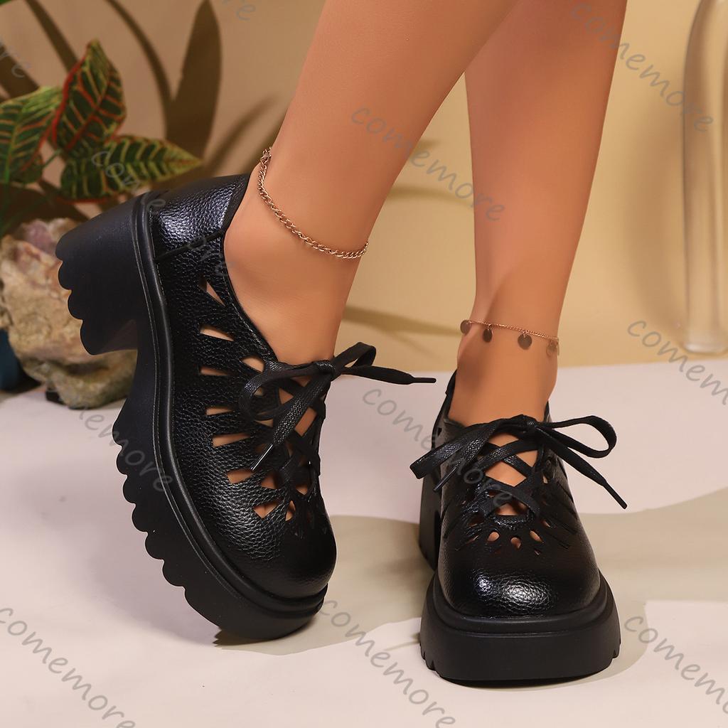 Fashion Comemore Women Pumps Summer New Breathable Soft Leather Hollow Out Single Shoes Female Casual High Heel Lace Up Shoes for Women
