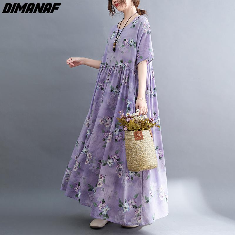 DIMANAF Plus Size Linen Summer Dress Beach Sundress  Floral Casual Purple Women Clothing