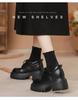 12cm Height Boost Chunky Heel Black Leather Loafers for Women, British Style, Lace-up High Heels for Spring & Autumn