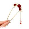 Elegant Red Rose Tassel Hairpin - U-shaped Hair Accessory for Women, Perfect for Updos and Traditional Attire.