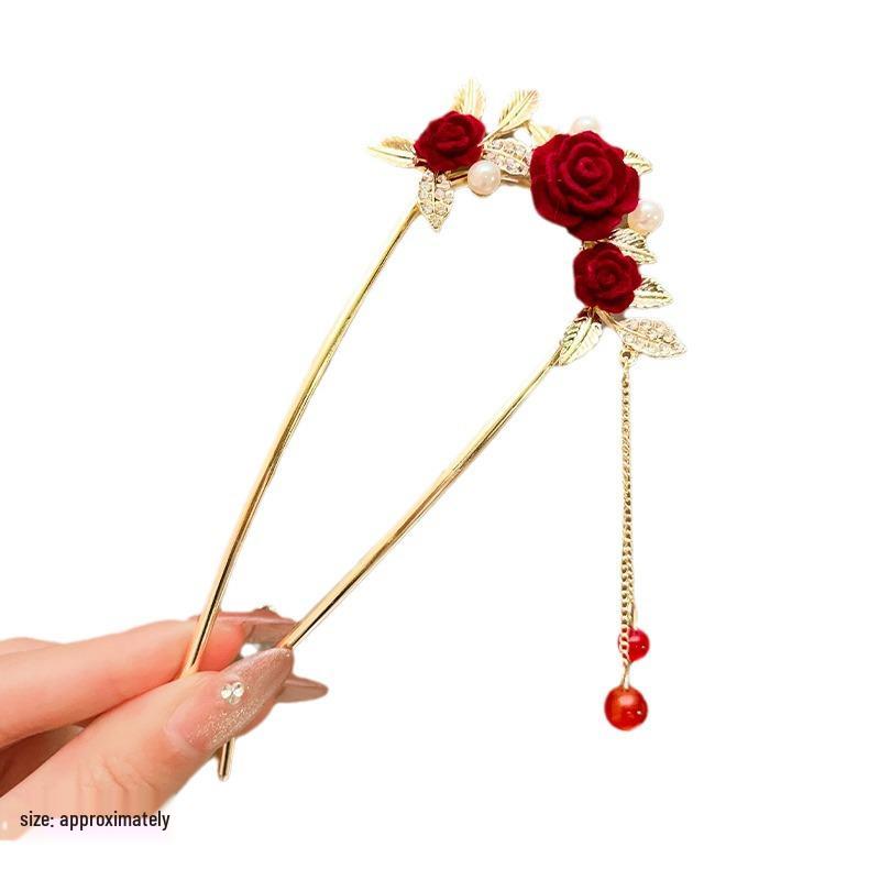 Elegant Red Rose Tassel Hairpin - U-shaped Hair Accessory for Women, Perfect for Updos and Traditional Attire.