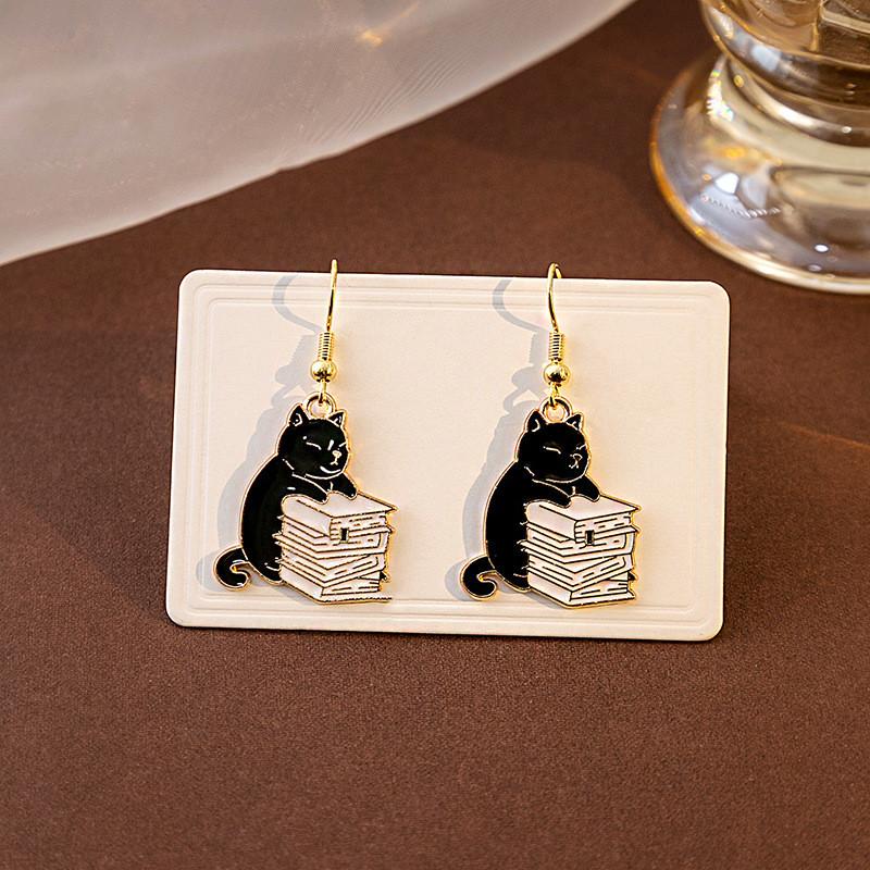 Cute Interest Cup Book Kitty Pendant Earrings Fashion Cartoon Enamel Cat Dangle Ear Jewelry Party Gifts For Women Girls