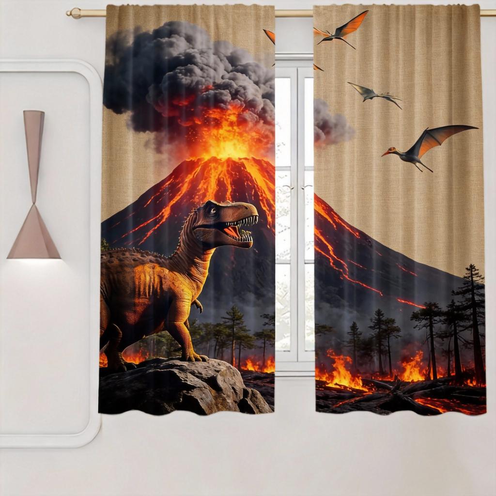 Dinosaur Curtains 2pcs – T-Rex & Jurassic Jungle Scene, Realistic Prehistoric Animal Print for Kids’ Bedroom and Playroom Decor