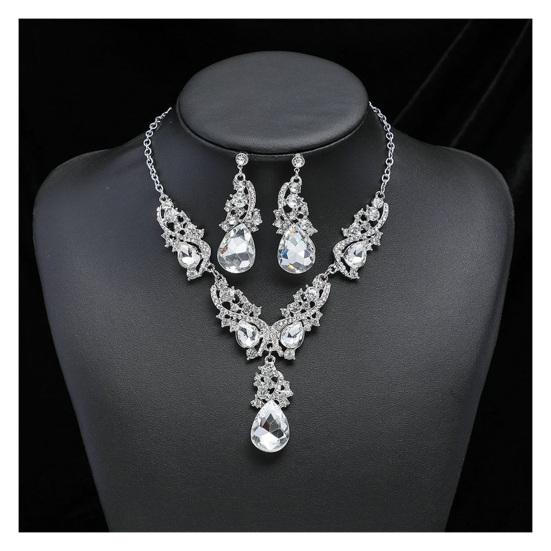 Women Necklace Earrings Rhinestone Luxury Hollow Symmetric Retro Set Out Anti-allergy Hanging Earrings Bridal Wedding