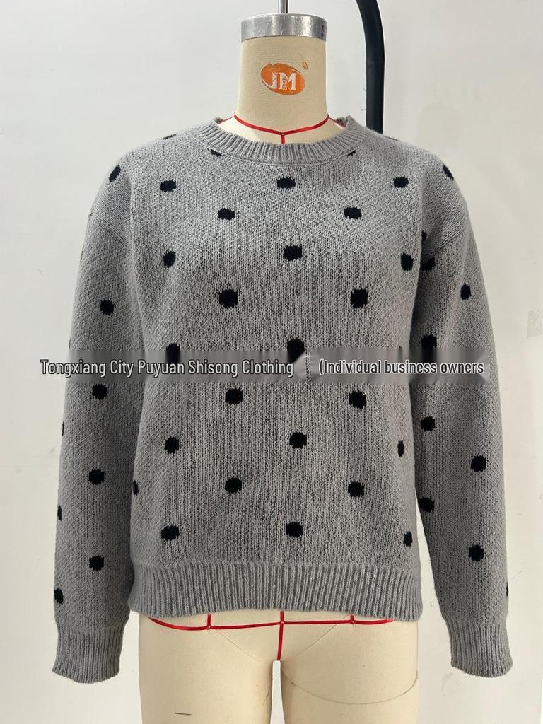 Women's European & American Fashion Polka Dot Jacquard Knit Sweater - Round Neck, Long Sleeve Pullover.