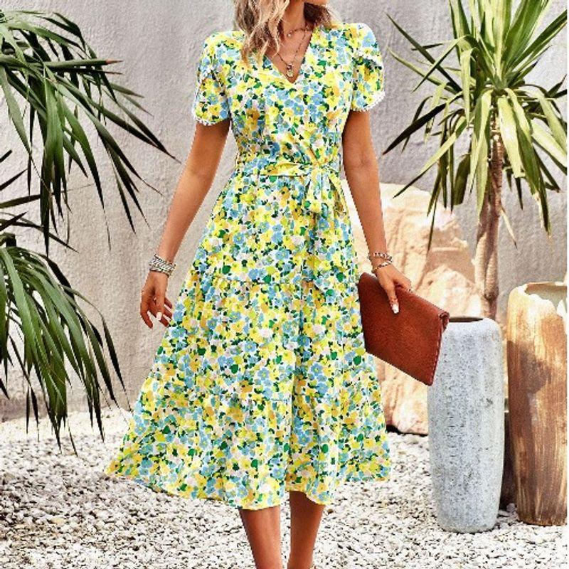 

Сладкое Летнее Новое Маленькое Цветочное V-образный вырез Сборка на талии Короткий рукав А-силуэт С разрезом Миди Длинное платье Приморская Пляжная Юбка Женщины Green M