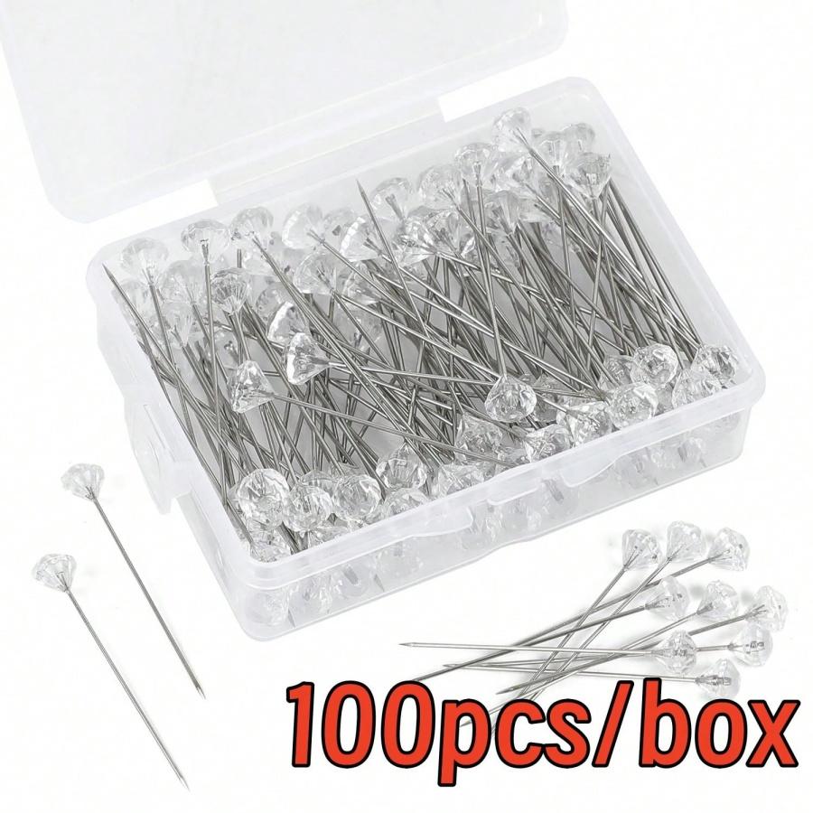 

100pcs 8cm Alloy Pins Transparent Diamond Pins Wedding Bouquet Sewing Pins Plastic Box Sewing Accessories 1 Box