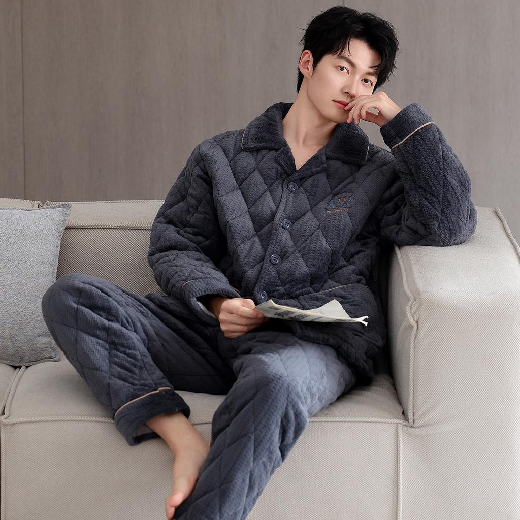 Pajamas Men's Winter 1011 New Three-layer Thickened Fleece Padded Cotton Autumn and Winter Middle-aged Dad Large Size Winter Loungewear