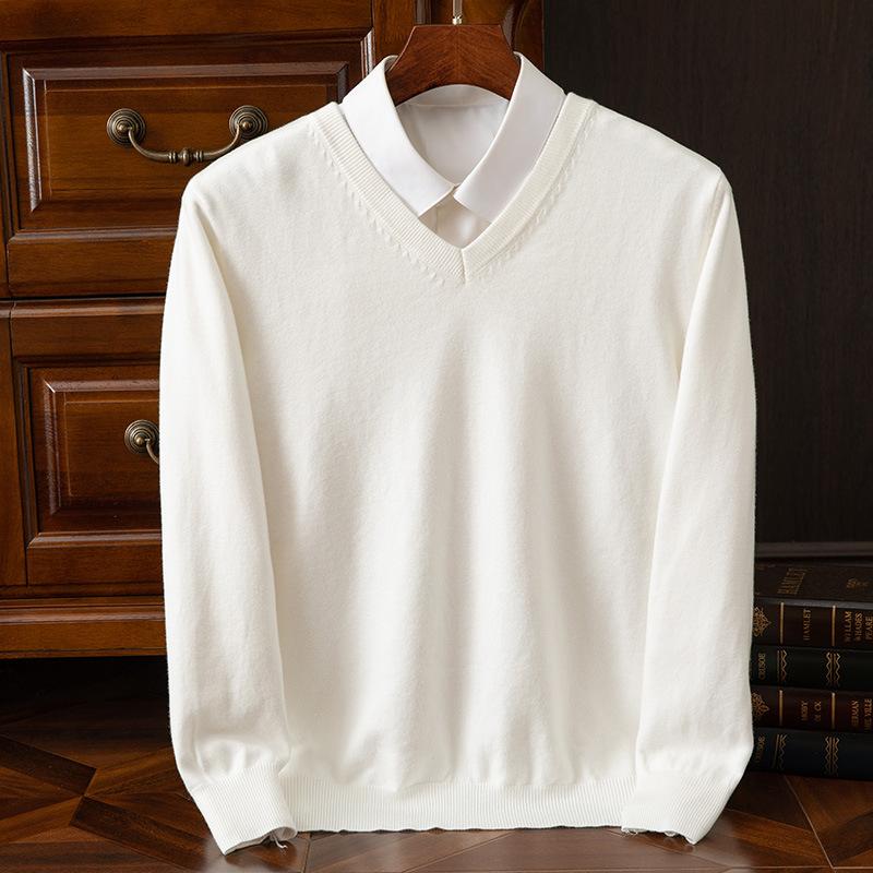 Yoghurt Herfst en winter plus size gebreide truien voor heren wollen warme truien truien V-hals gebreide pasvorm tops heren kasjmier gebreide truien bottoming shirt S wit