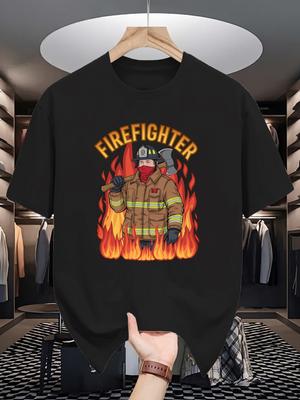 Unisex Crew Neck Tee Firefighter Retro Flame Art Cartoon Print Soft Cotton Loose Short Sleeve Summer Casual Male Streetwear Tops