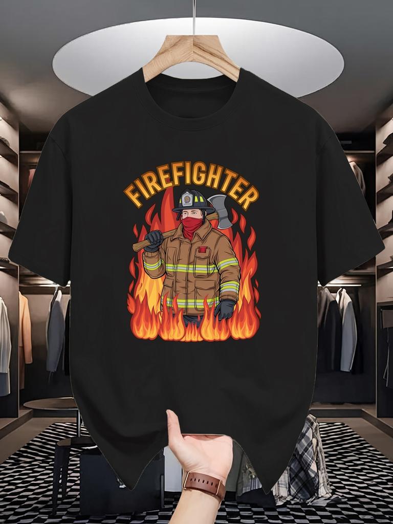 Unisex Crew Neck Tee Firefighter Retro Flame Art Cartoon Print Soft Cotton Loose Short Sleeve Summer Casual Male Streetwear Tops
