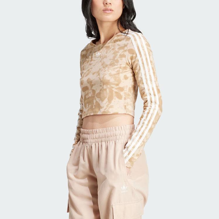 Adidas Originals 3-Stripes Tie-Dye Print Crop Long Sleeve Sports Top Women Tops Cardboard-Yellow IY0780