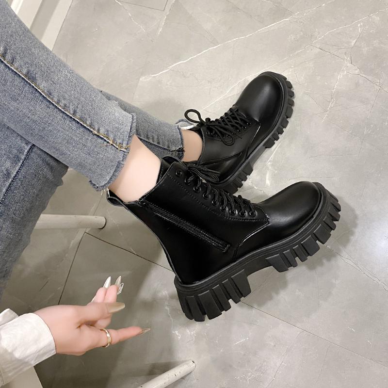 Neue Herbst- und Winter-Bequeme Mittelhohe Damenschuhe Dicksohlige Schnürung Seitenreißverschluss Damenstiefel Große Größe