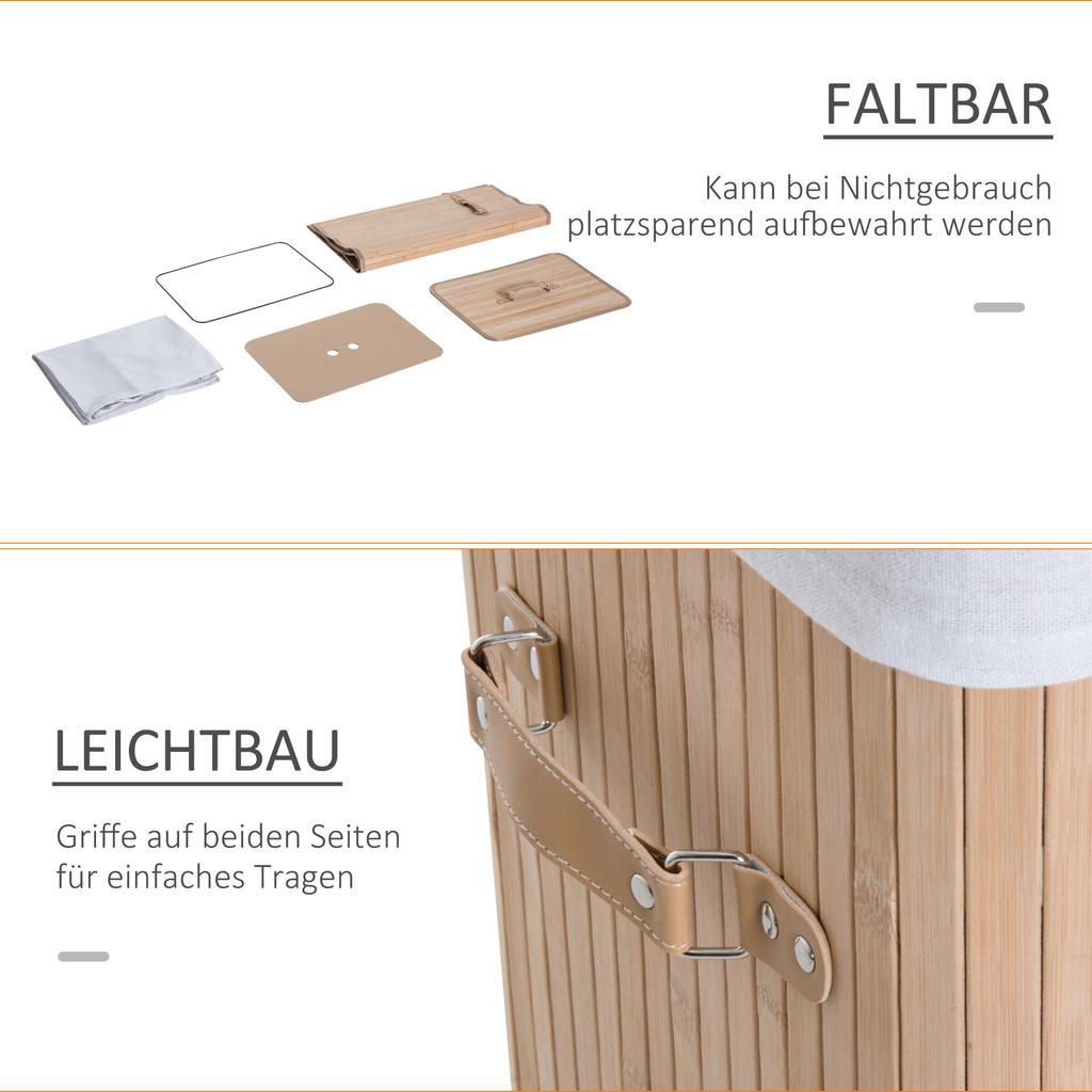 70L Collapsible Bamboo Laundry Hamper Organizer Clothes Washing Basket Bin Storage Box W/ Lid Removable Lining 40x30x60cm