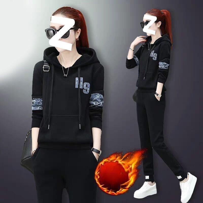 

Casual Sports Suit for Women, Autumn and Winter, Korean Style, Velvet, Thickened, Loose, Hooded Sports Two-piece Set 3XL чорний