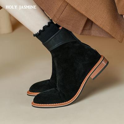 2024 New Western Women Short Boots Chelsea Cow Suede Leather Thick Med Heels Shoes Woman Retro Style Autumn Winter Size 34-40