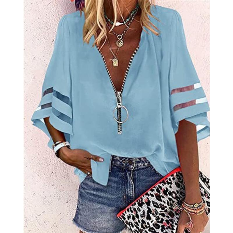 Women's Zipper Front V Neck Chiffon Blouse Casual Flare Sleeve Mesh Panel Loose Top