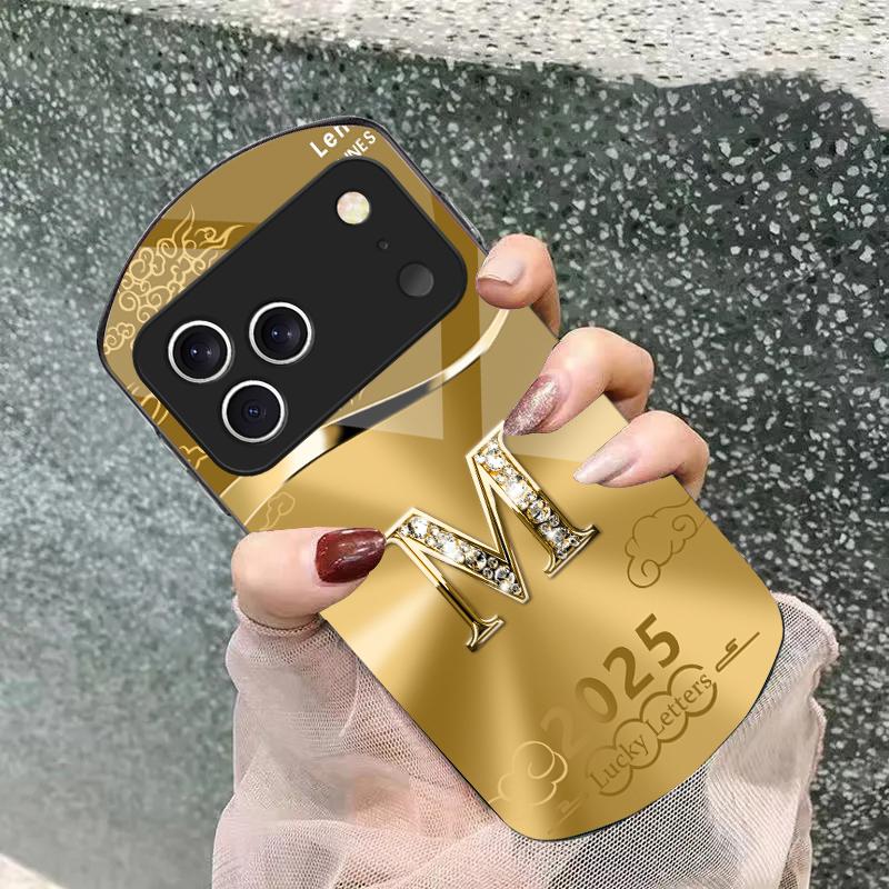 Gradient yellow letter M For iPhone 17 16 15 14 Pro 13 Plus 12 mini 11 Pro Max XR X S 7 8 Elliptical Tempered Glass Phone Case
