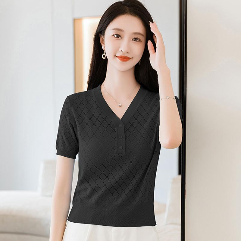 V-neck Ice Silk Short Sleeve T-Shirt Women Summer New Fashion Slim Fit Hollow Out Knitted  Short Top
