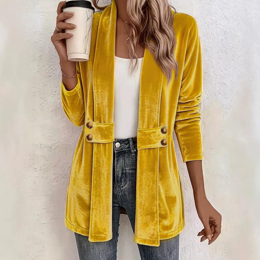 Women Velvet Long Sleeve Cardigan Double Breasted Gold Button Casual Longline Outerwear