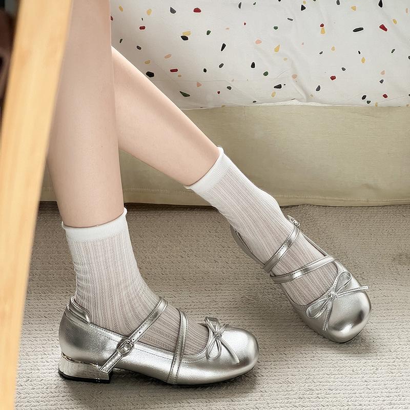 Round Head Bow Silver Small Leather Shoes Women's 2025 Summer New French with Skirt Mary Jane Shoes Thick Heel Single Shoes
