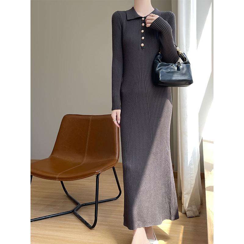 Women's Extra Long Slimming Knitted Polo Collar Dress for Autumn and Winter