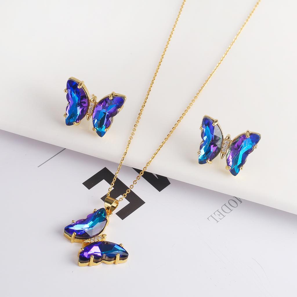2PC Crystal Transparent Butterfly Pendant Necklace Earrings Jewelry Set Women's Luxury Gold Plated High Quality Gift