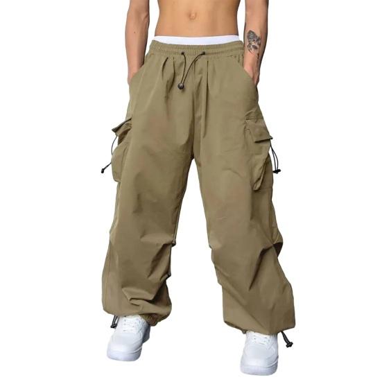 Men Baggy Cargo Pants Solid Color Parachute Pants Loose Fit Jogger Trousers with Side Pockets for Street Outdoor Sports