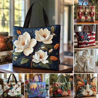 Quilted Tote Bag Women Vintage Shoulder Bag Flowers Animals Handbag Floral Purse for Commuting Party Daily Errands
