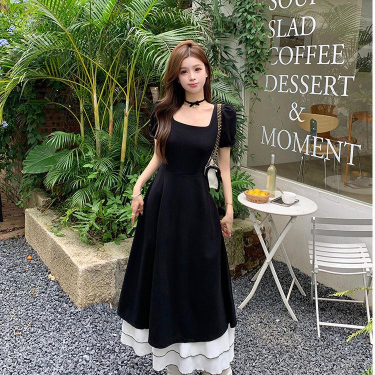 Black Swan Contrasting Color Short-sleeved Skirt, Small Black Skirt, Thin A-shaped Dress, Hepburn Elastic Elastic Waist Skirt
