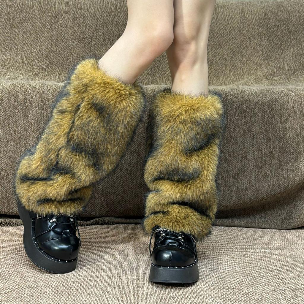 25-40cm Black White Grey Vintage Faux Fur Leg Warmers Winter Warm Furry Boots Cover for Women Sock Punk Jk Cosplay Accessories