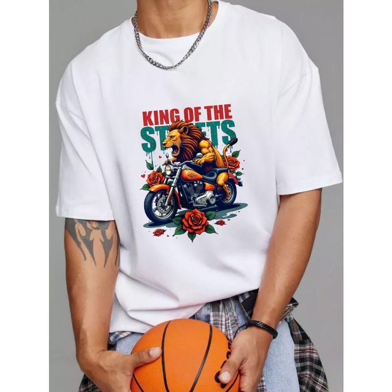 Men's T-Shirt White King of The Streets Lion Riding Motorcycle with Roses Graphic Print Casual Streetwear for Bikers and Motorbike Enthusiasts