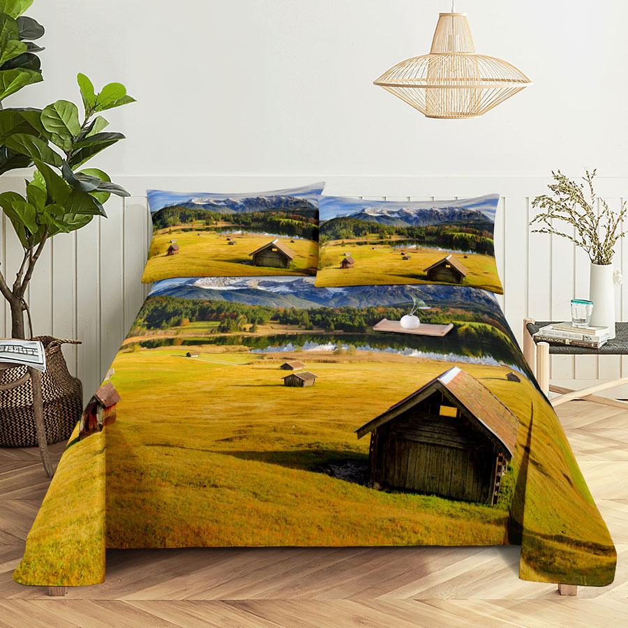 Drap de Lit Taie d'Oreiller Ensemble de Literie Linge de Maison Housse Senic Queen King Taille Double 220x240 Arbres pour Chambre Doux Twin Full Simple Nouveau