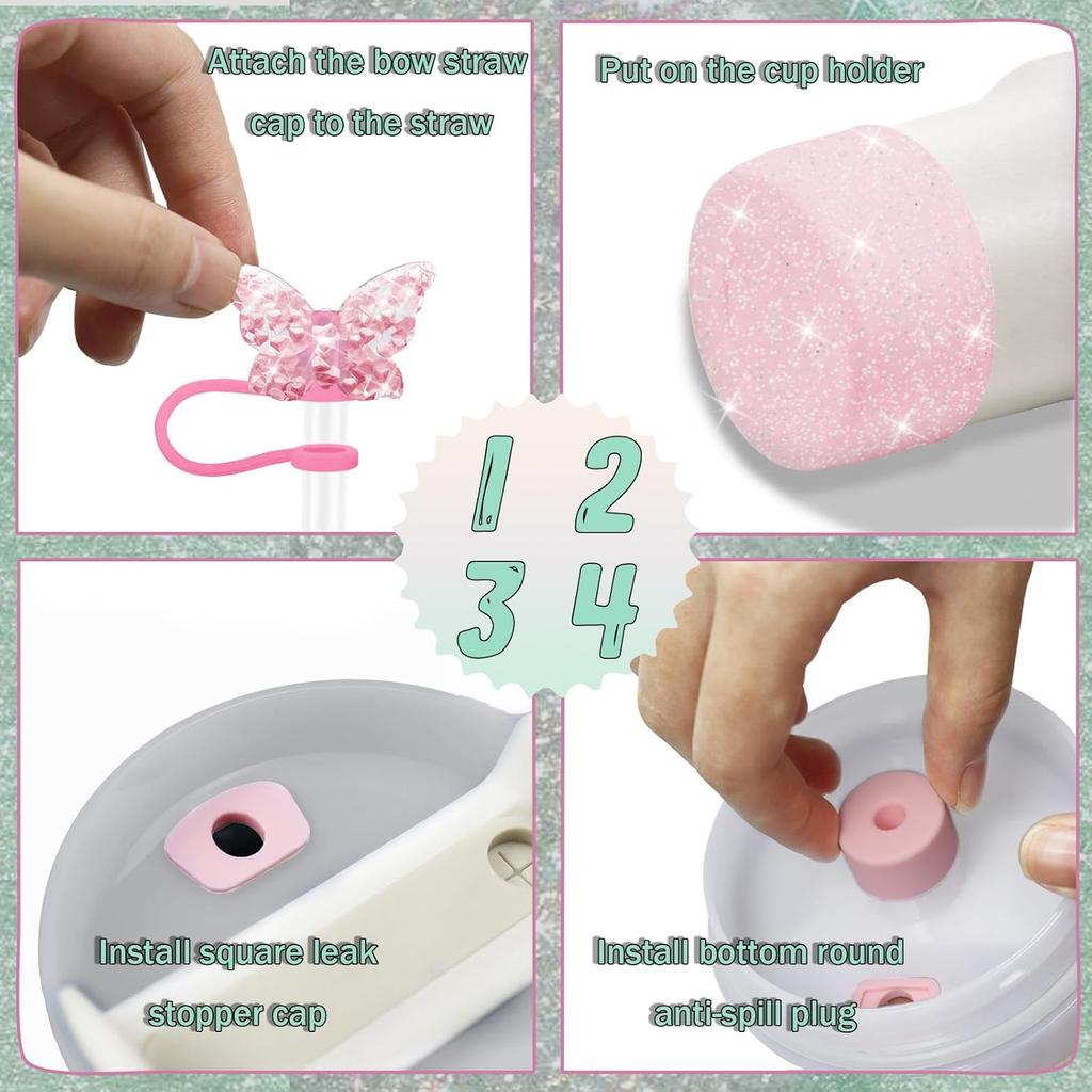 Set 8 buc Accesorii pentru Cană pentru Pahar Stanley 30oz 40oz Topper Paie Capac Acoperiș Boot, Dop Antivărsare Charm Autocolant Inițiale