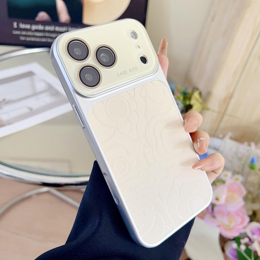 Camellia Leather Texture Full Coverage Drop-Proof Phone Case for 15, 16 Pro, 17 Pro Max