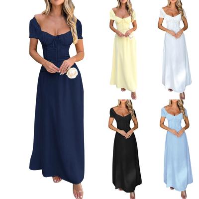 Damenkleider Elegante einfarbige Sommertemperament Krawatte Kordelzug Blasenärmel Französische Kleider