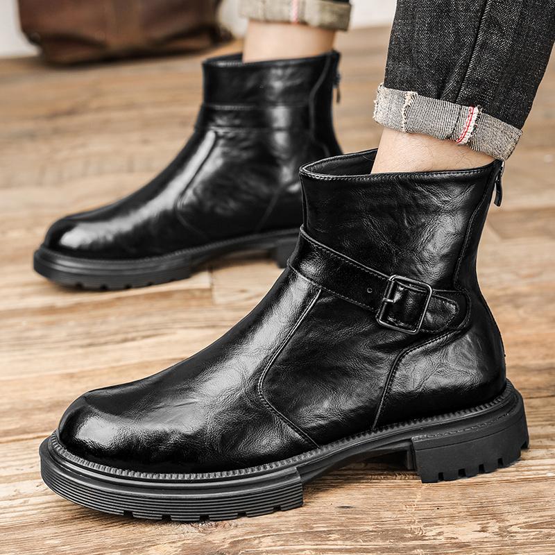 Fashion Leather Boots Slip On Ankle Boots High Top Heels For Men Casual Platform Chelsea Boots Men's Wedding Shoes Winter