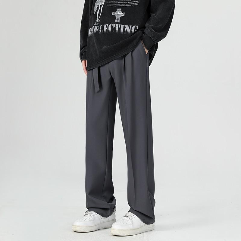 Summer Ice Silk Drape Trousers Black Ruffian Handsome High-end Belt Decorative Elastic Straight Casual Trousers Trousers